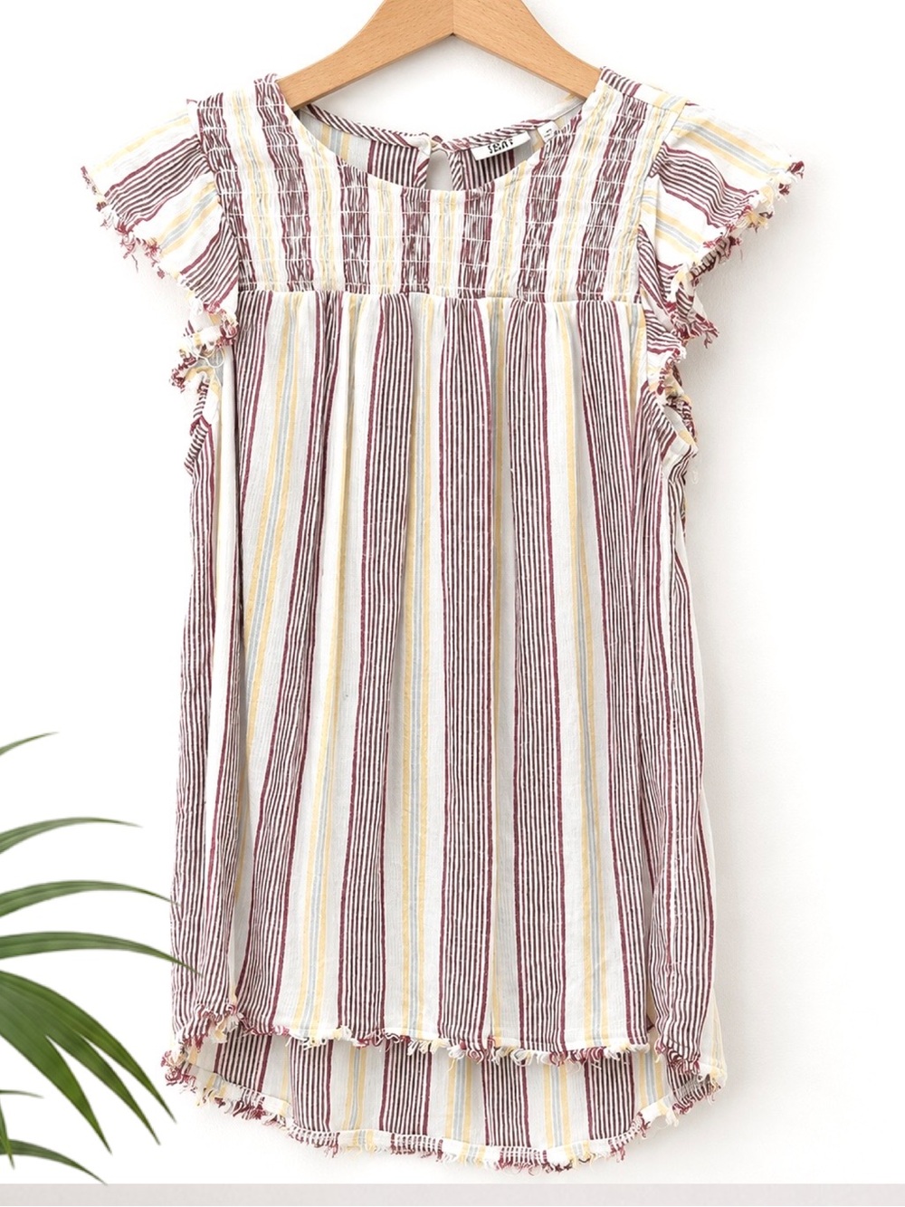 True Craft XS Striped Flutter Sleeve Babydoll Top Boho Rayon Blouse